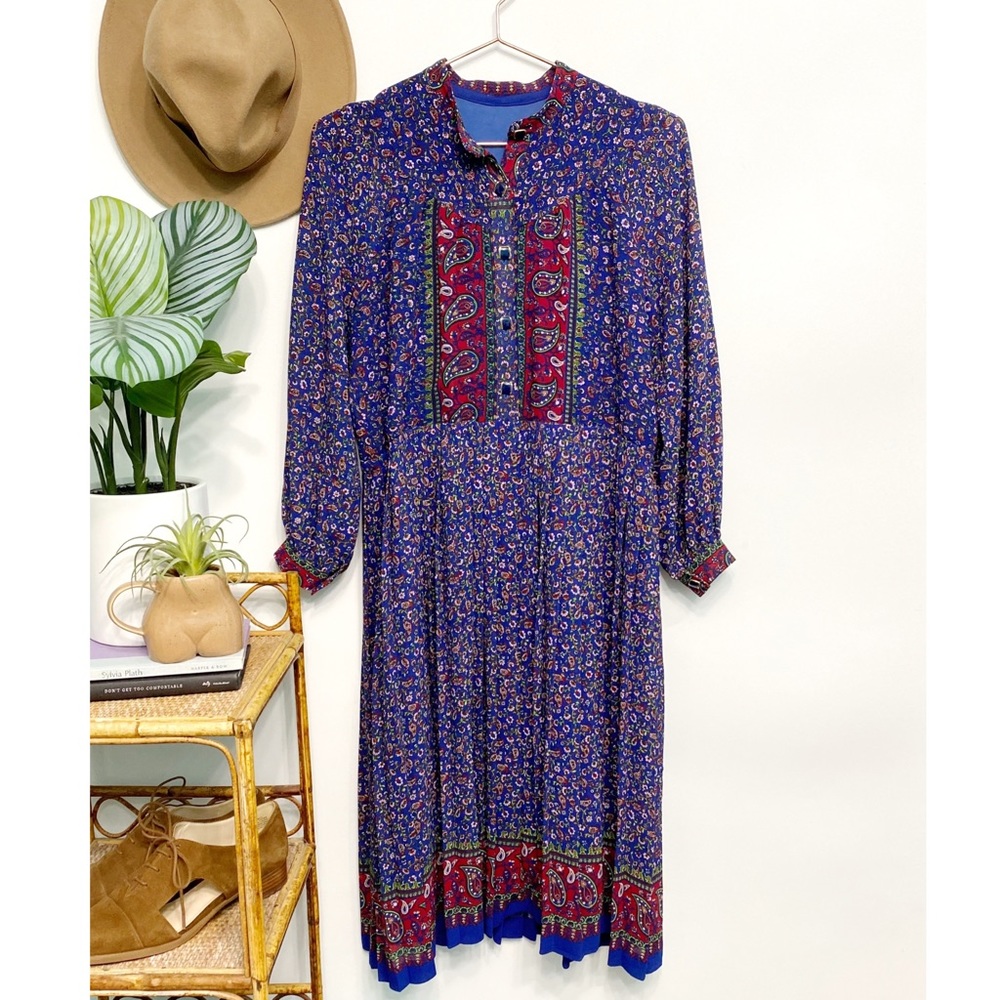 vintage | paisley floral pleated midi shirtdress navy blue l